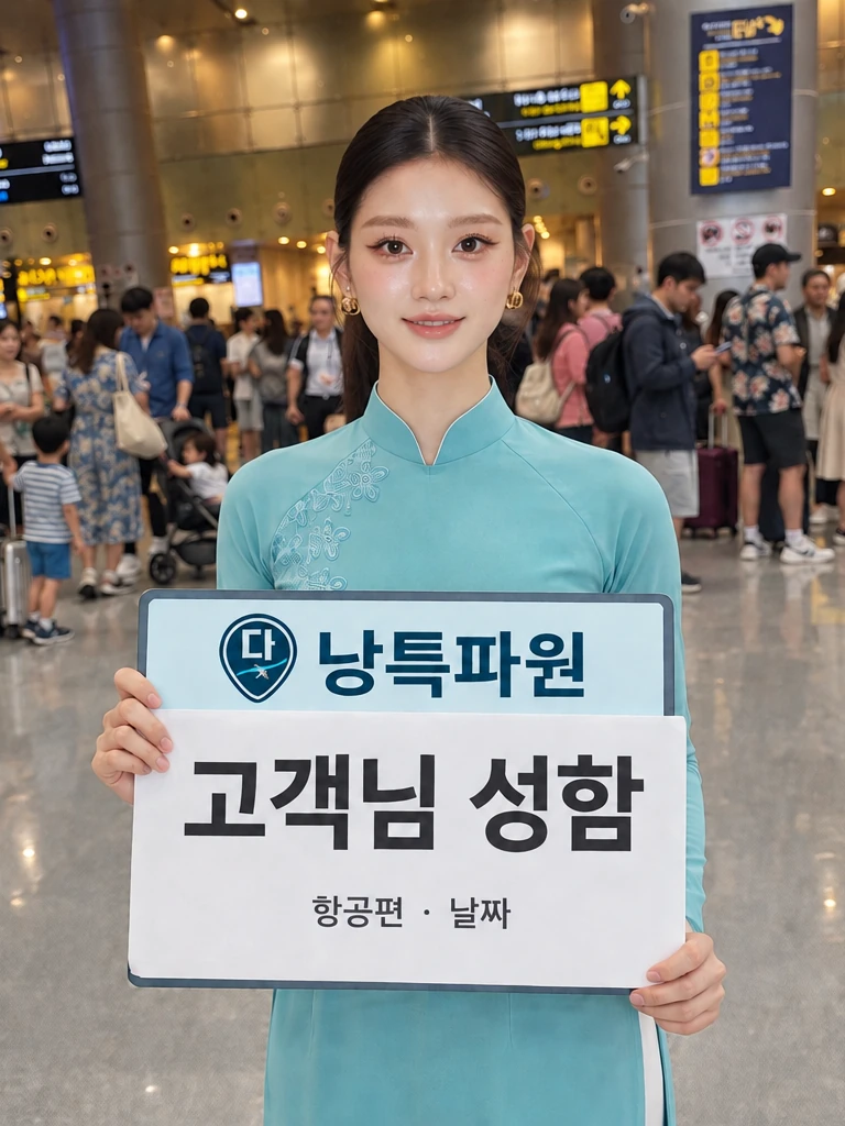 다낭공항 도착 홀에서 다낭특파원 피켓을 들고 서 있는 모델