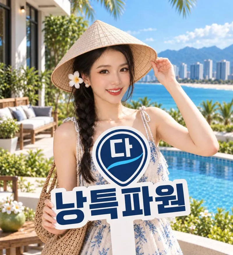 다낭특파원 피켓을 들고 웃고 있는 모델